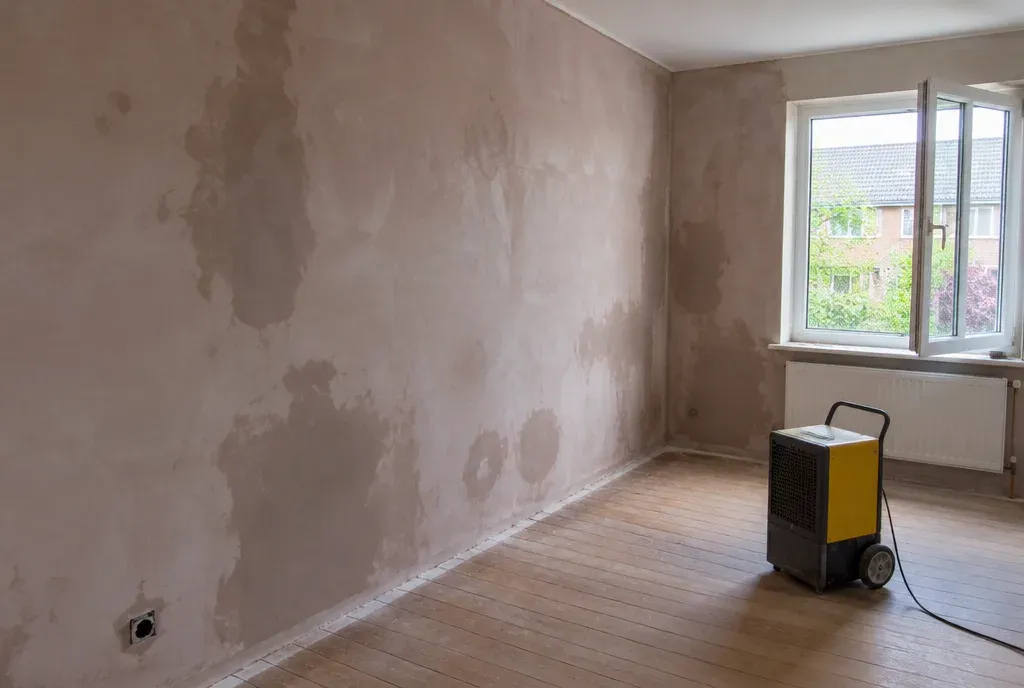 Een vers gestucte muur droogt in een woonkamer met een bouwdroger op de vloer.