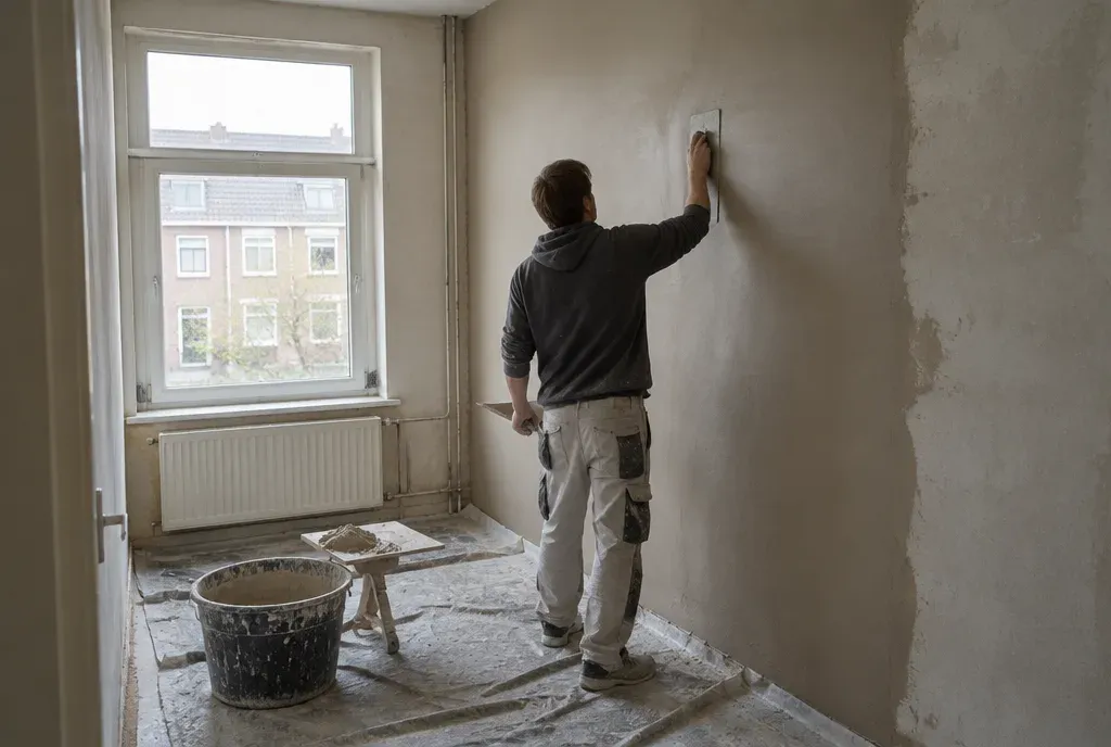 Een stukadoor strijkt met een spaan een muur glad in een woning die verbouwd wordt.