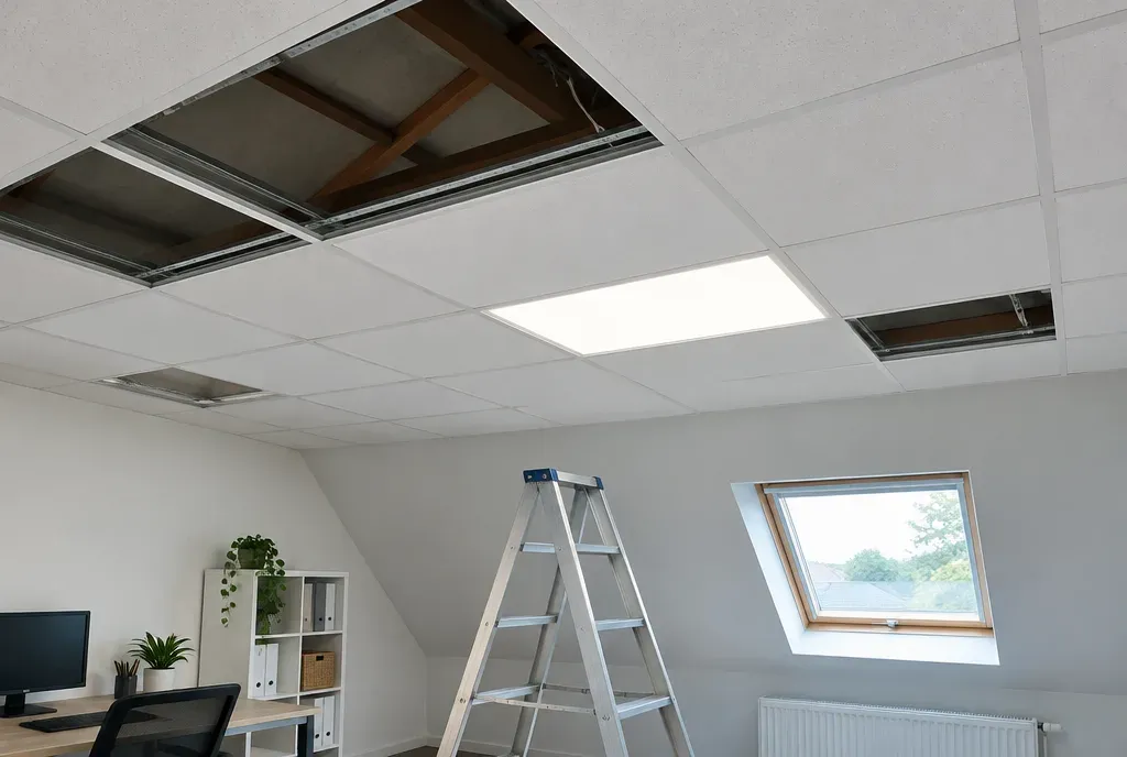 Een wit systeemplafond met plafondplaten in een metalen raster wordt geplaatst.
