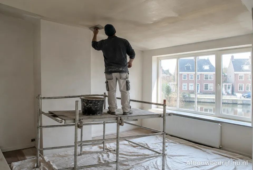 Stukadoor stuct een plafond met een spaan
