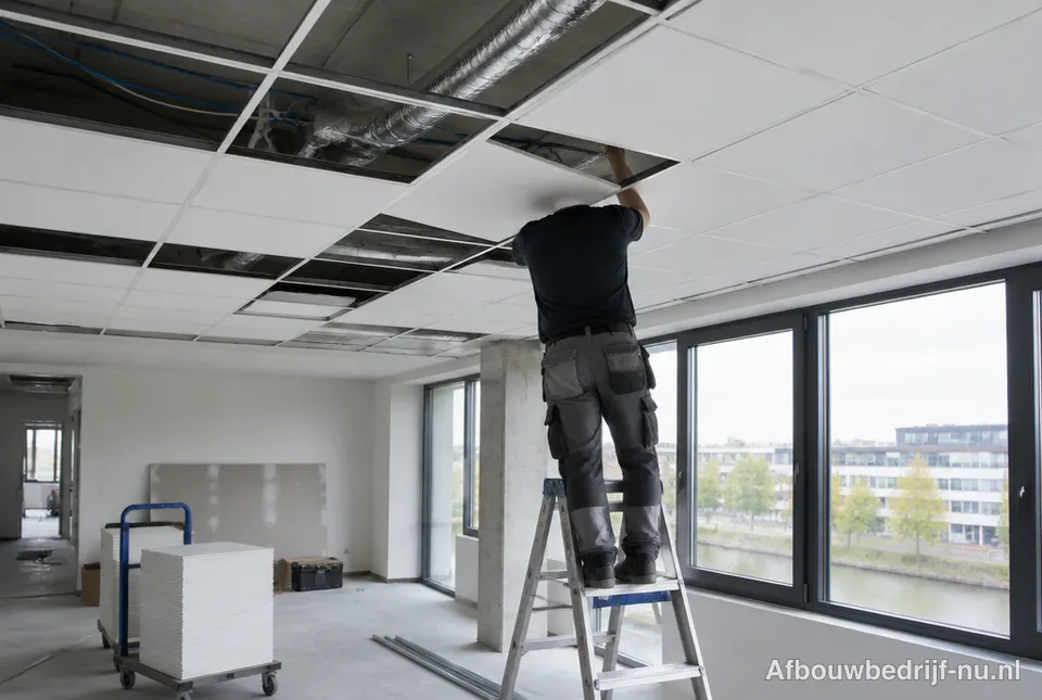 Monteur plaatst plafondplaten in een systeemplafond